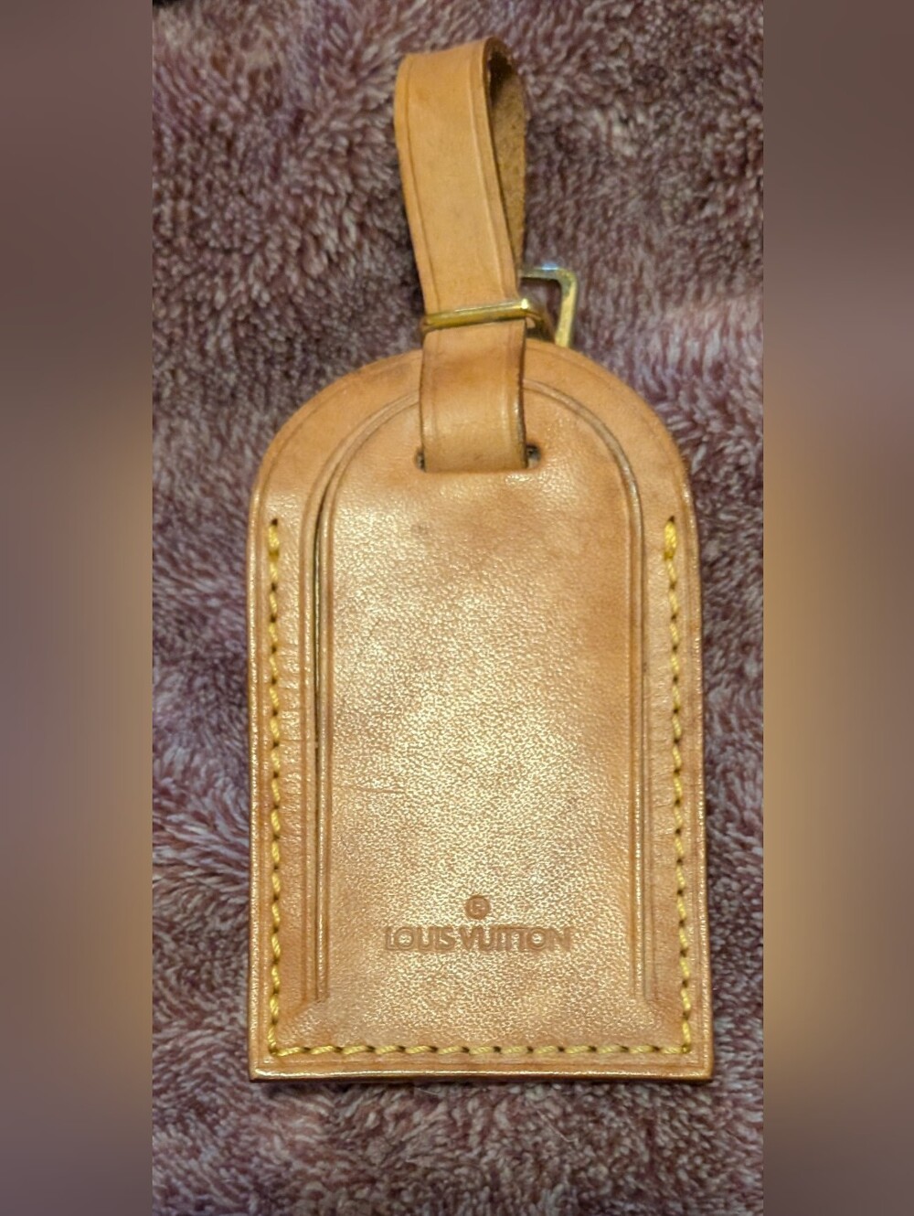 Louis Vuitton Brown Leather Luggage Tag ID Name Tag Gold Adjustable Buckle 10"